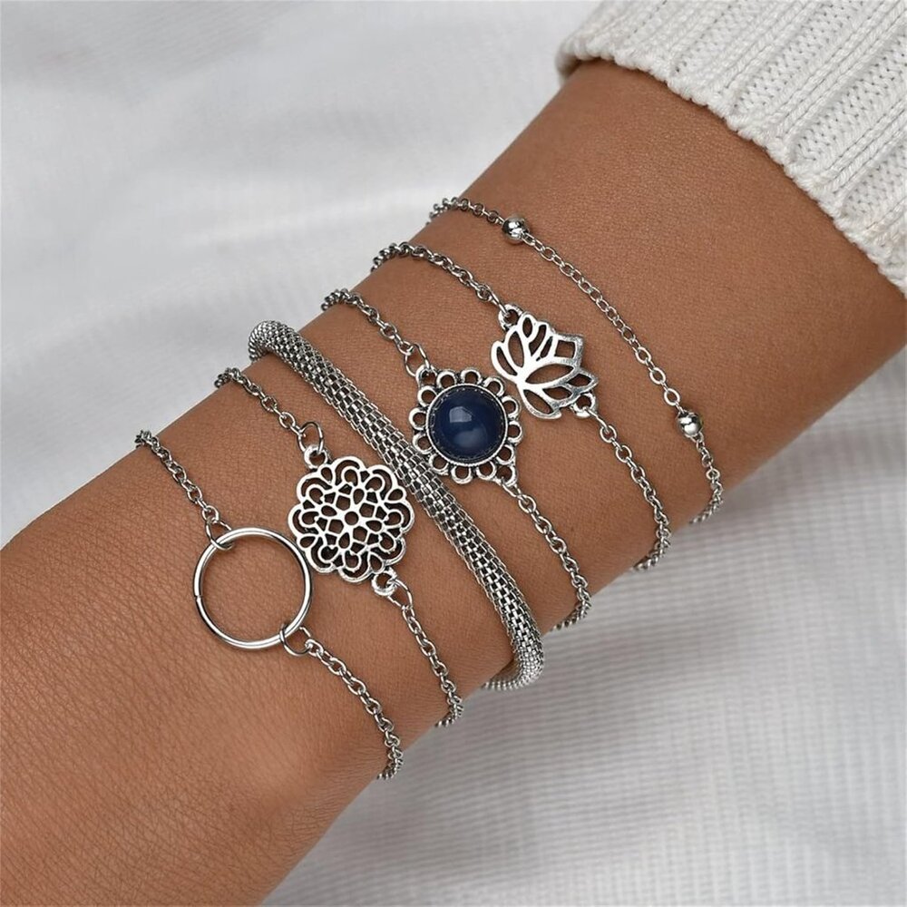 Meditation Theme 6 PC stackable chain bracelet set - lotus silver - BRAND NEW